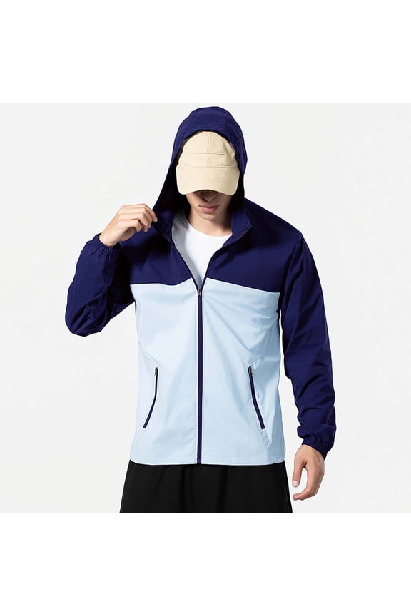 Men's Colorblock Full Zip Light Jacket, Hooded Activewear Jacket, Sporty Lightweight Coat for Casual Work, Light Blue 4XL