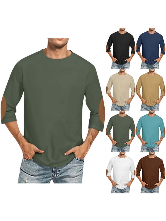 Men's Crew Elbow Patch Shirt, 3/4 Sleeve Casual Top, Classic Pullover Tee, Padded Elbows for Casual Work Leisure, White 5XL