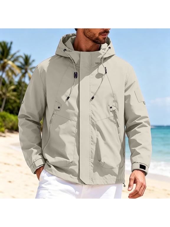 Men's Full Zip Anorak Jacket, Solid Performance Outerwear, Multi-Pocket Workwear Coat, Hooded Zip-Up with Adjustable Cuff for Casual Work, Beige 2XL
