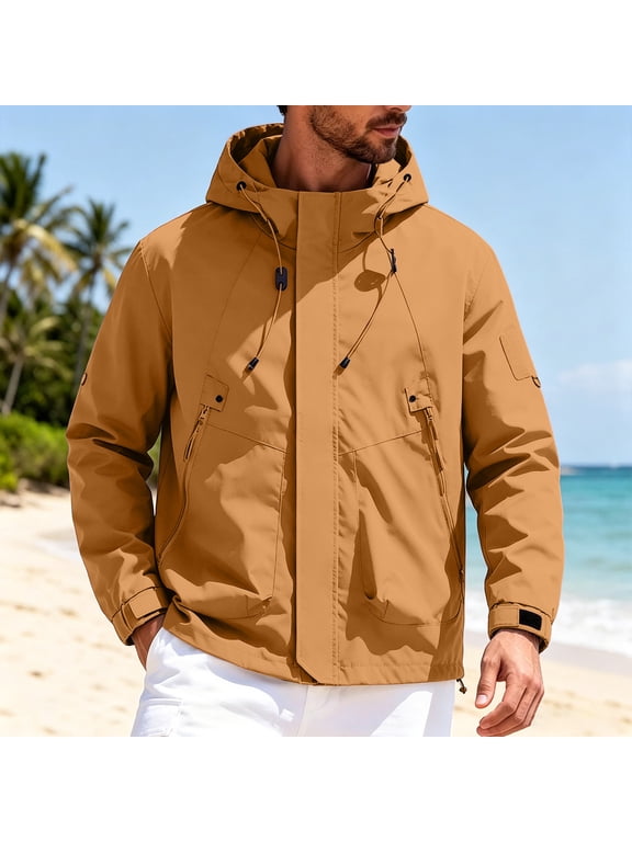 Men's Full Zip Anorak Jacket, Solid Performance Outerwear, Multi-Pocket Workwear Coat, Hooded Zip-Up with Adjustable Cuff for Casual Work, Gold L