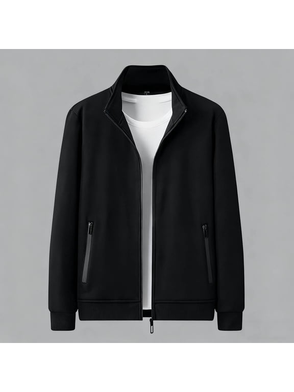 Men's Full Zip Bomber Fleece, Solid Zip-Up Outerwear, Mid-Length Casual Coat for Work Leisure, Black XL