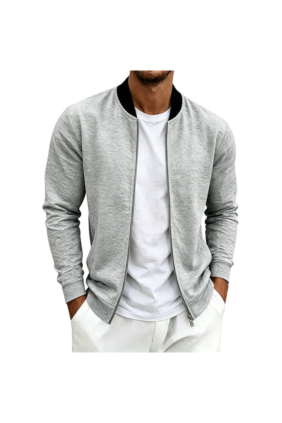 Men's Full Zip Bomber Jacket, Casual Sport Coat, Lightweight Outerwear Zip-Up for Casual Work Leisure, Gray 3XL