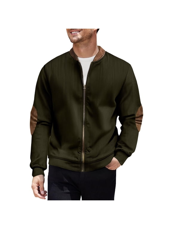 Men's Full Zip Bomber Jacket, Elbow Patch Coat, Casual Ribbed Outerwear for Work Leisure, Army Green 2XL