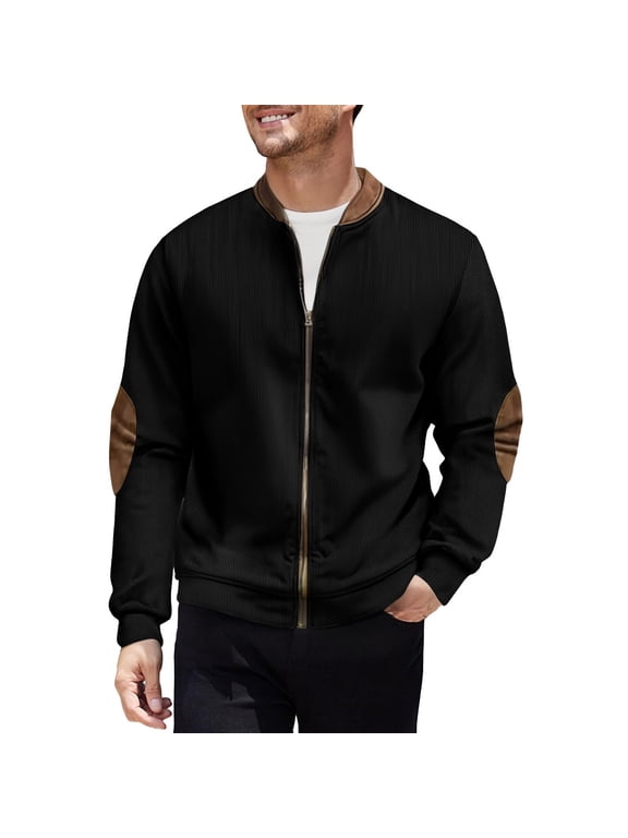 Men's Full Zip Bomber Jacket, Elbow Patch Coat, Casual Ribbed Outerwear for Work Leisure, Black XL