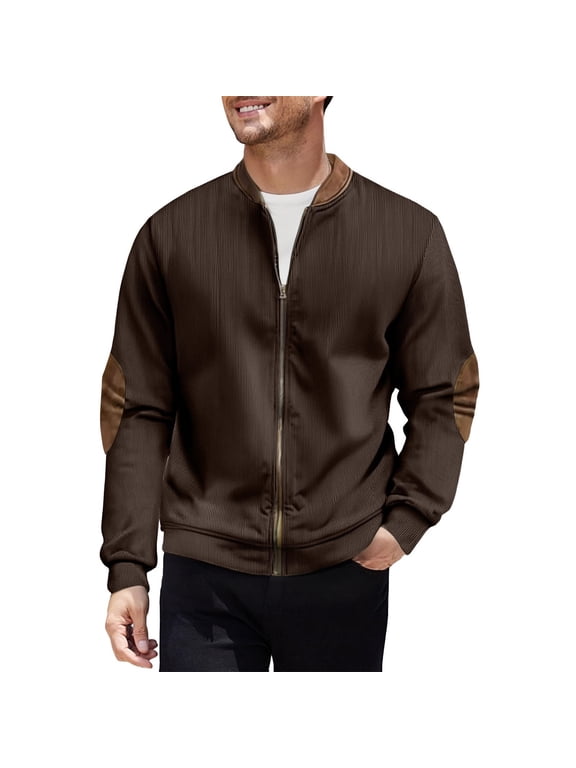 Men's Full Zip Bomber Jacket, Elbow Patch Coat, Casual Ribbed Outerwear for Work Leisure, Coffee XL