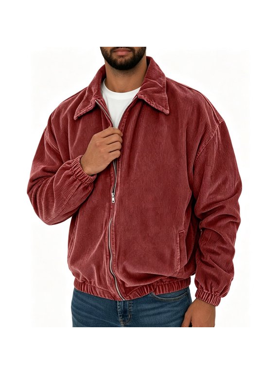 Men's Full Zip Bomber Jacket, Solid Zip-Up Outerwear, Relaxed Fit Casual Coat for Work Leisure Travel, Red XL