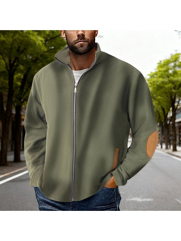 Men's Full Zip Fleece Jacket, Elbow Patch Outerwear Coat, Long Sleeve Casual Top for Outdoor Work Leisure, Army Green 2XL