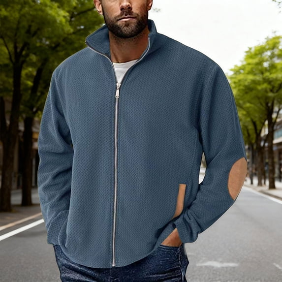 Aestivo Men's Full Zip Fleece Jacket, Elbow Patch Outerwear Coat, Long Sleeve Casual Top for Outdoor Work Leisure, Sky Blue S