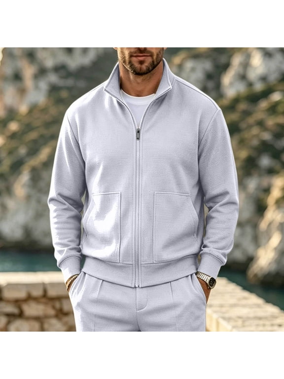 Men's Full Zip Fleece Jacket, Zip Up Sport Coat, Full Zip Casual Outerwear for Casual Work Leisure, Gray L