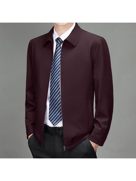 Men's Full Zip Office Jacket, Business Outerwear, Tailored Collared Coat for Work Casual Formal, Wine L