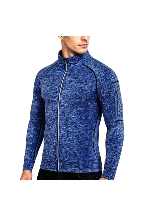 Men's Full Zip Performance Fleece, Solid Zip-Up Activewear, Active Fit Mid-Weight Coat for Athletic Casual Outdoor, Blue L
