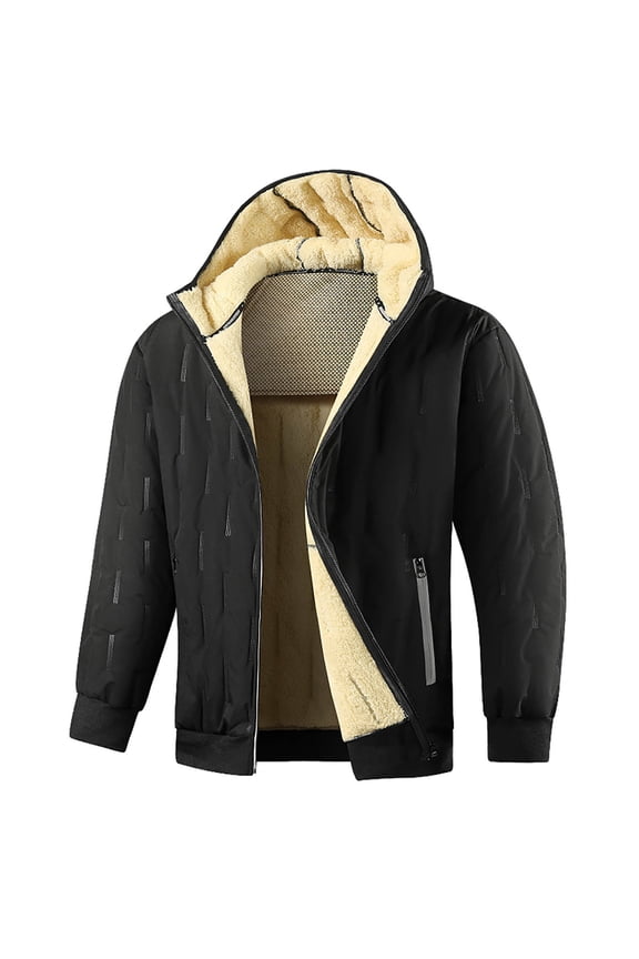 Men's Full Zip Sherpa Jacket, Fleece Lined Hooded Coat, Quilted Heavyweight Outerwear with Embossed Geometric Pattern for Casual Holiday, Black L
