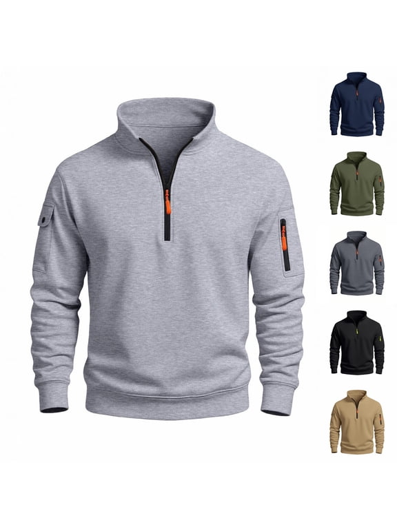 Men's Half Zip Pullover, Mock Neck Sweatshirt, Casual Long Sleeve Top, Drop Shoulder with Exterior Pocket for Casual Streetwear, Khaki L