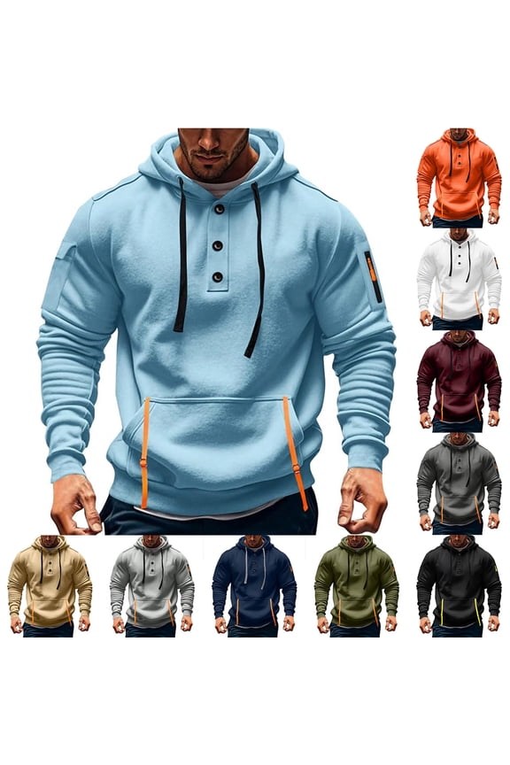 Men's Henley Neck Hoodie, Casual Pullover Sweatshirt, Multi-Pocket Activewear Top, Drop Shoulder Exterior Pocket for Vacation Casual, Black S