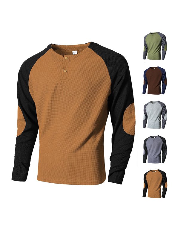 Men's Henley Neck Long Sleeve Shirt, Colorblock Pullover Top, Elbow Patch Blouse, Button Activewear Athleisure Leisure for Casual Work Vacation, Yellow 2XL