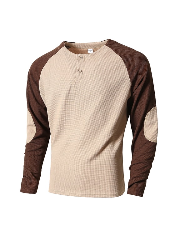 Men's Henley Neck Long Sleeve Shirt, Elbow Patch Pullover Top, Solid Casual Blouse, Button Closure Padded Elbows for Work Vacation Leisure, Khaki M