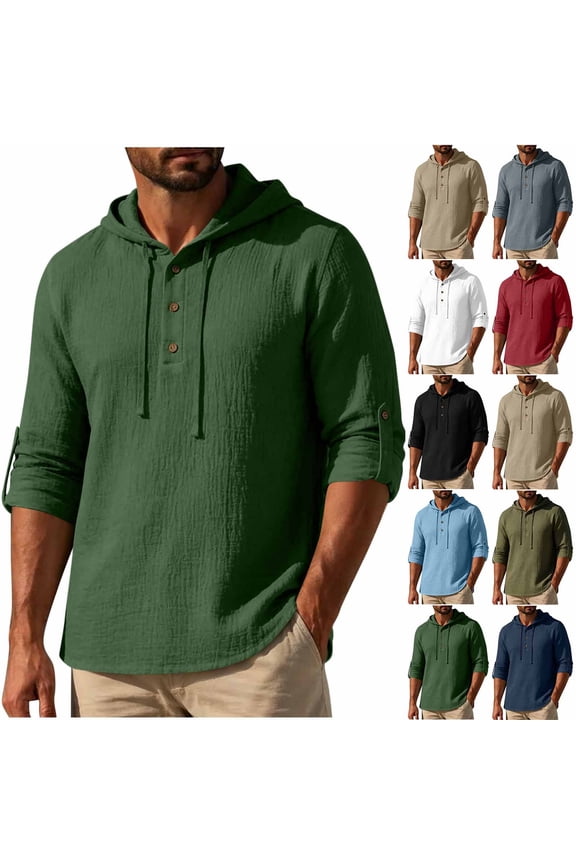 Men's Hooded Henley Pullover, Button Front Long Sleeve Hoodie, Vacation Solid Sweatshirt for Casual Vacation, Green S