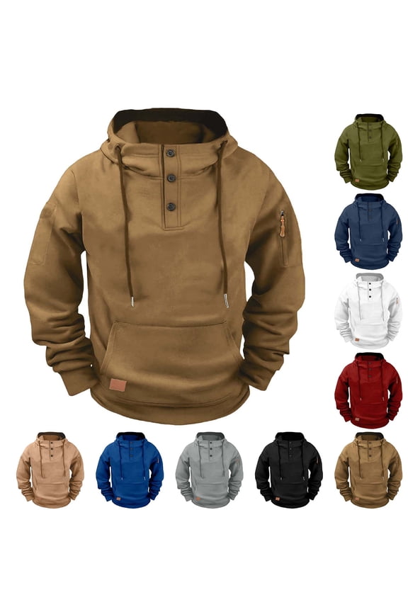 Men's Hooded Snap Front Pullover, Henley Style Long Sleeve Hoodie, Solid Multi-Pocket Sweatshirt with Exterior Pockets for Casual Loungewear, Khaki S