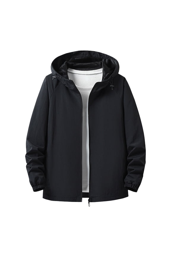 Men's Lightweight Light Jacket Jacket, Hooded Full Zip Coat, Solid Long Sleeve Outerwear, Water- Wind Resistant for Casual Outdoor Leisure, Black XL