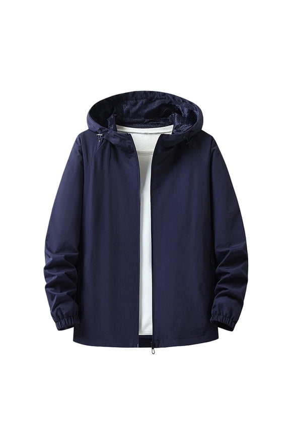 Men's Lightweight Light Jacket Jacket, Hooded Full Zip Coat, Solid Long Sleeve Outerwear, Water- Wind Resistant for Casual Outdoor Leisure, Dark Blue XL