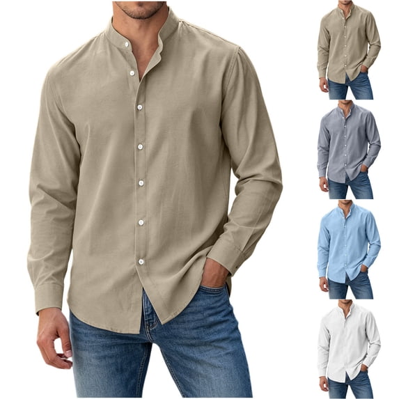 Aestivo Men's Mandarin Collar Button Down Solid Shirt, Modern Fit Long Sleeve Top, Casual Solid Shirt for Work Formal Leisure, White L