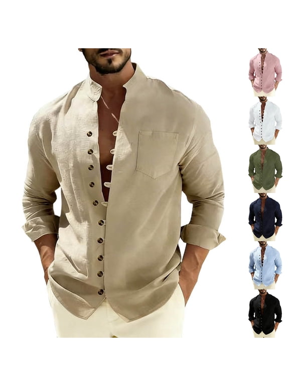 Men's Mandarin Collar Henley Button-Down, Rolled Sleeve Casual Top, Relaxed Fit Long Sleeve Shirt for Vacation Night Out Leisure, Navy 3XL