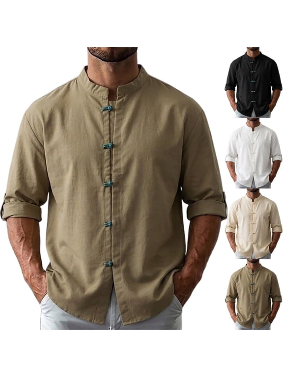 Men's Mandarin Collar Toggle Button-Down, Asian Style Casual Top, Solid Color Long Sleeve Shirt, Regular Fit Mock Neck for Casual Party, Black XL
