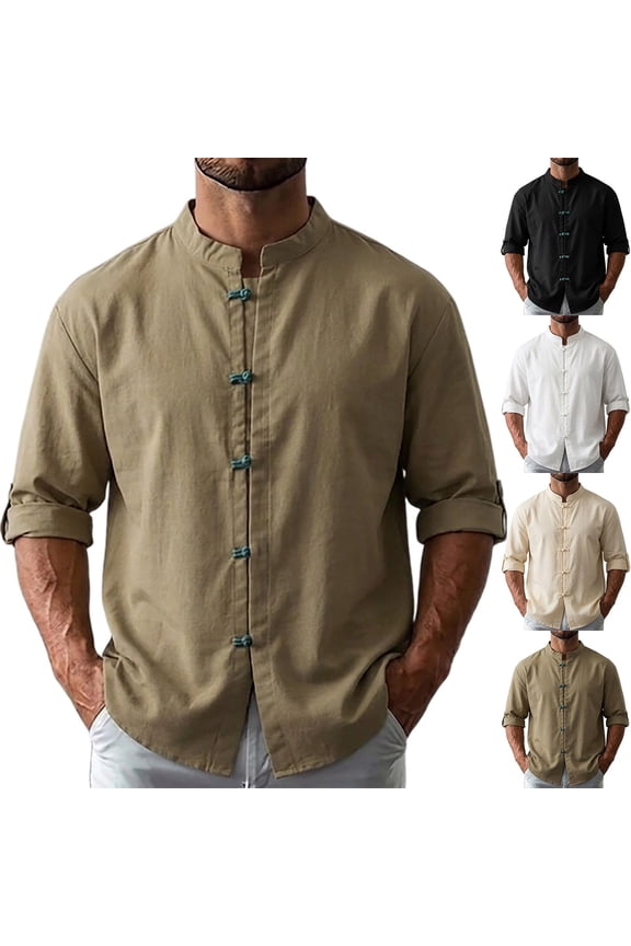 Men's Mandarin Collar Toggle Button-Down, Asian Style Casual Top, Solid Color Long Sleeve Shirt, Regular Fit Mock Neck for Casual Party, White M
