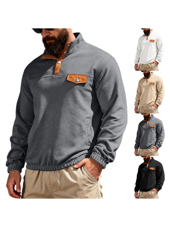 Men's Mock Neck Snap Sweatshirt, Solid Casual Pullover Top, Outdoor Leisure Shirt with Exterior Pocket for Casual Outdoor, Dark Gray XL