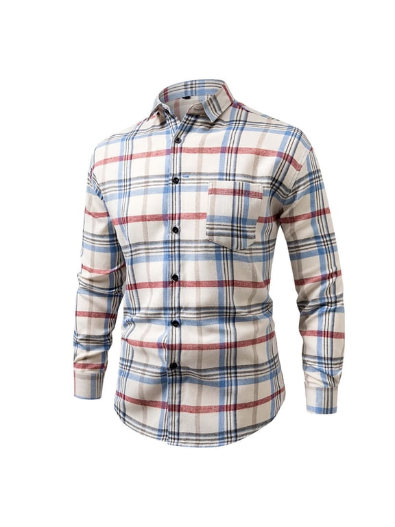 Men's Modern Fit Button Down Check Shirt, Casual Long Sleeve Collared Top, Leisure Check Shirt with Exterior Pocket for Casual Work, White 5XL