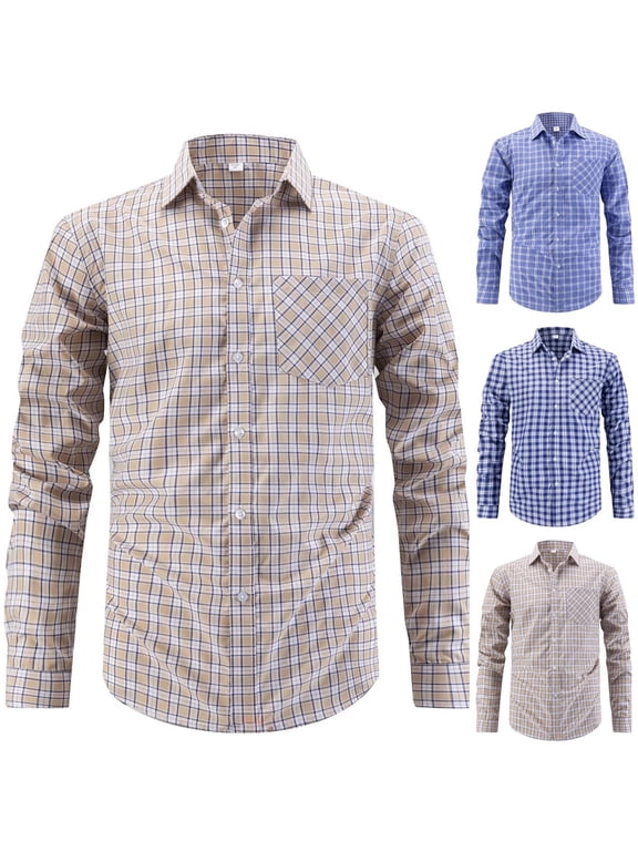 Men's Modern Fit Button Down Check Shirt, Casual Spread Collar Long Sleeve Top, Leisure Check Shirt with Exterior Pocket for Casual Work, Khaki XL