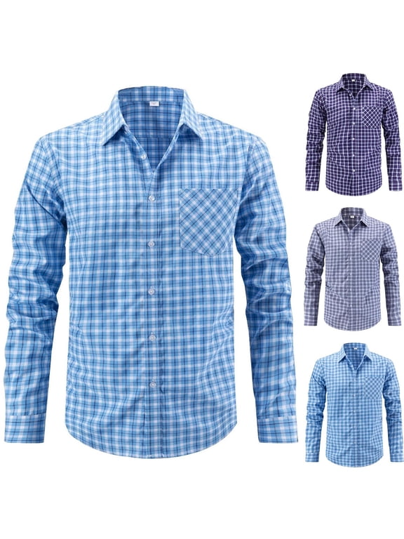 Men's Modern Fit Check Button Down Shirt, Casual Long Sleeve Collared Top, Leisure Check Shirt for Casual Work, Blue XL