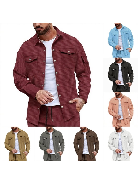 Men's Multi-Pocket Utility Button-Down, Snap Front Workwear Top, Regular Fit Long Sleeve Shirt, Collared Point Collar with Exterior Pockets for Work Casual, Wine 2XL
