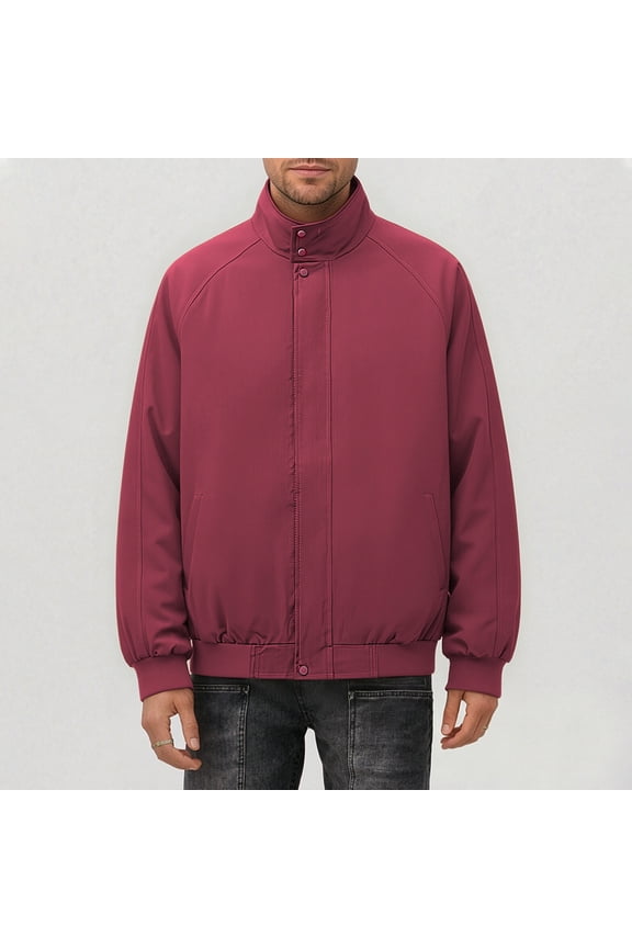 Men's Snap Button Bomber Jacket, Casual Outerwear, Stand Collar Sport Coat, Zip-Up Mid-Length for Casual Work, Wine XL