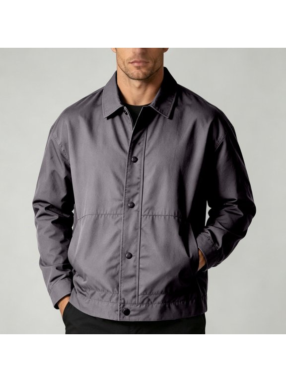 Men's Snap Front Trucker Jacket, Solid Collared Outerwear, Casual Mid-Length Coat for Work Leisure Daily, Dark Gray 2XL