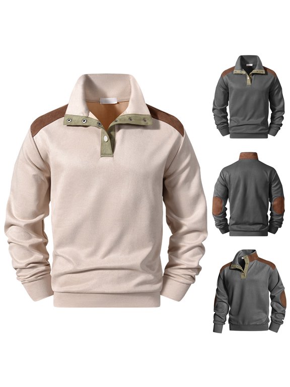 Men's Snap Neck Long Sleeve Shirt, Casual Pullover Top, Regular Fit Pullover for Vacation Work Leisure, Gray M