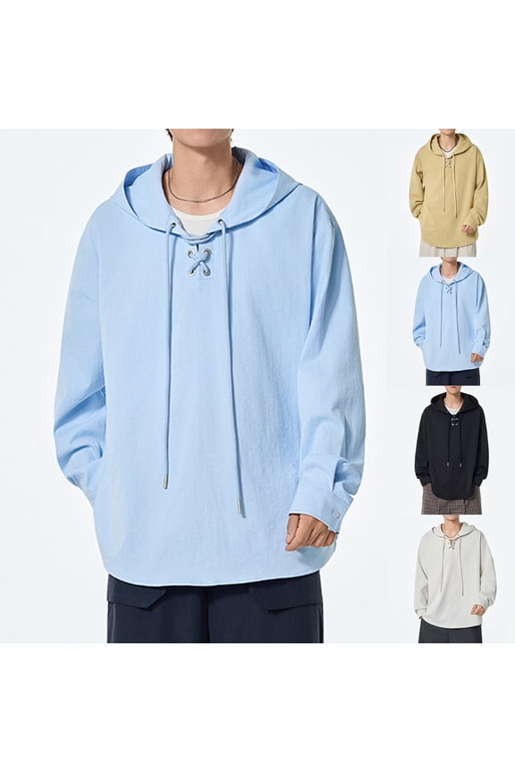 Men's Tie Front Hooded Sweatshirt, Oversized Pullover Hoodie, Casual Streetwear Top for Vacation Work Leisure, Beige L