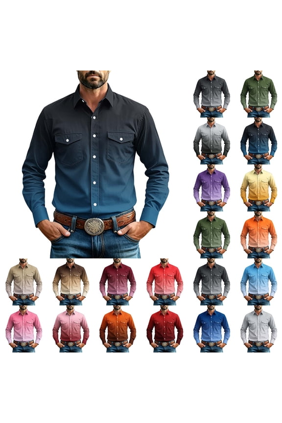 Men's Western Style Snap Button Shirt, Long Sleeve Casual Top, Solid Color Workwear Button-Down with Exterior Pocket for Casual Work Party, Orange XL