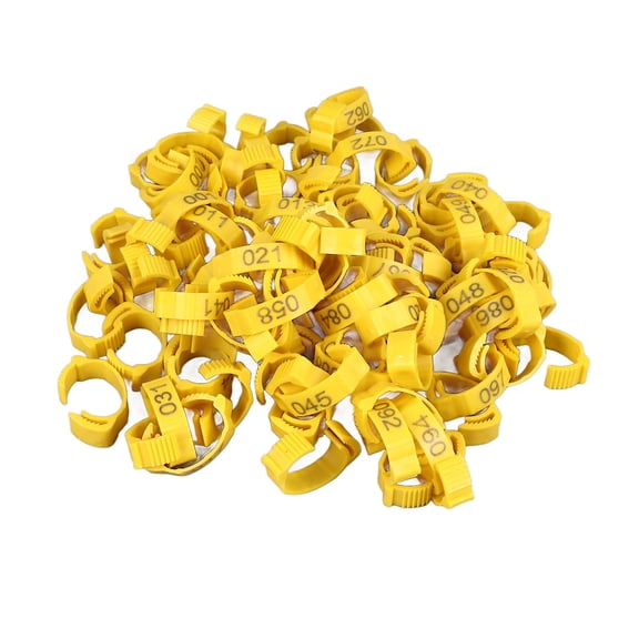 Aestri 100Pcs Chicken Leg Rings Clip On Sturdy Plastic Numbered Poultry Bands for Birds Ducks Goose Gamefowl Yellow