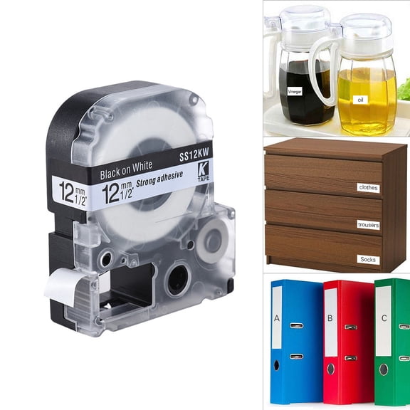 Aestri 12mm x 8m Black on White Label Maker Tape, Compatible with Kingjim and Epson Printers