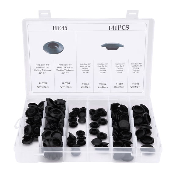 Aestri 141 Pieces 6 Sizes Assorted Car Flush Mount Hole Plugs Auto Body Sheet Metal Fastener Plug Set, Black Plastic Automotive Accessories, Universal Fit for Vehicles