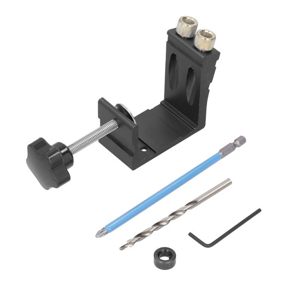 Aestri 15 Degree Oblique Hole Locator Woodworking Pocket Hole Jig Dowel Drilling Guide Tool Kit Carpentry Joinery Hardware Positioner Set with Bits, Black
