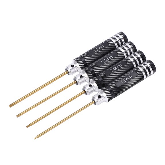 Aestri 4-Piece Hex Screwdriver Set, 1.5mm 2mm 2.5mm 3mm Titanium Coated Aluminum Alloy Non-Slip Handle Precision Repair Hand Tool Kit for Remote Control Model Cars Boats and Airplanes, Black