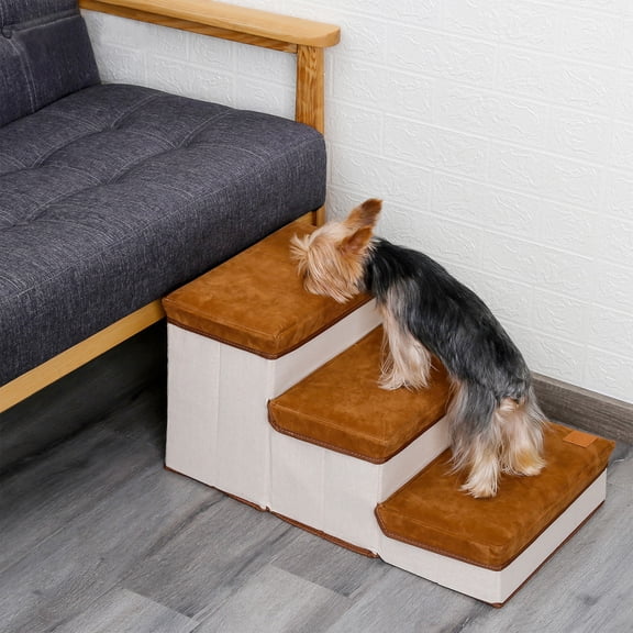 Aestri Foldable 3-Tier Dog Steps for Bed and Couch, Soft Flannel & Sponge Pet Stairs with Storage Space, 66.14 lbs Capacity, 13.78 x 23.62 x 11.81 Inches, Brown & Apricot