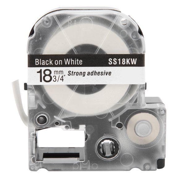 Aestri Label Maker Tape 18 Millimeters PET Waterproof Labeling Cartridge for Epson and KingJim Printers Black Text on White Background Office Essential