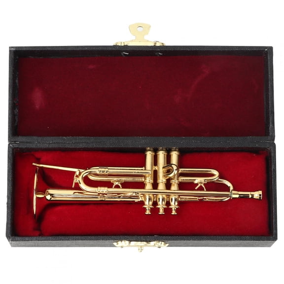 Aestri Mini Trumpet Musical Instrument Model Desktop Decoration Craft Gold Plated Brass Miniature Figurine with Base for Home Office Music Room