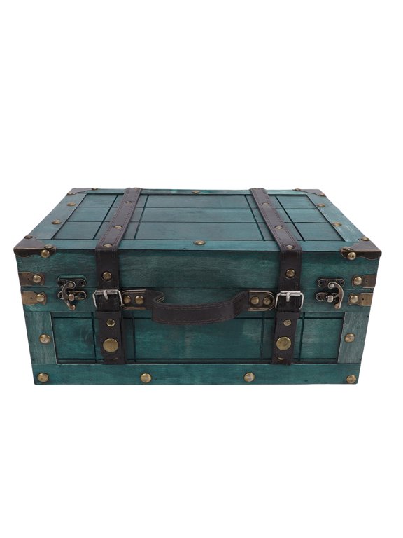 Vintage Storage Trunk PU Leather Handle Wooden Suitcase for Home Decor Jewelry Collection Photography Prop Retro Green Large