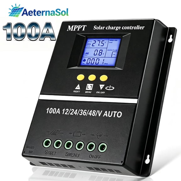 AeternaSol 100A MPPT Solar Charge Controller 12V 24V 36V 48V, 4000W Solar PV Battery Regulator with LCD Display, Max 100V Input, Dual USB, Lithium Lead Acid Battery Charger