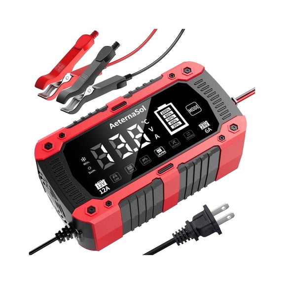 AeternaSol 12A Smart Battery Charger, 12V/24V Auto Maintainer with Pulse Repair & LCD, for Car Truck Motorcycle Boat RV and Lithium LiFePO4 Batteries（Red）