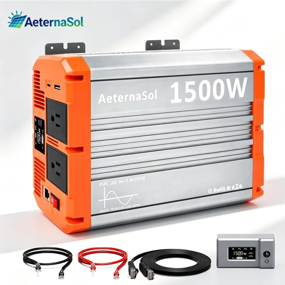 AeternaSol 1500W Power Inverter Pure Sine Wave, 12V to 110V AC with Remote Control & 2000W Peak Surge for RV Solar Truck Camper